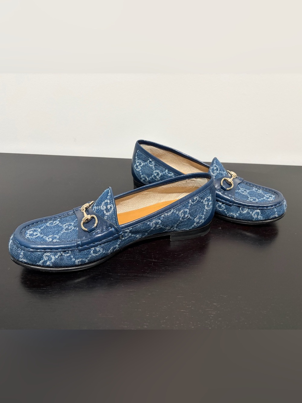 Gucci Denim Monogram Horsebit Loafers in Dark Blue
